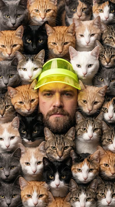 SUBJECT: Multiple realistic domestic short-haired cat heads ONLY filling the entire frame, anatomically accurate feline…