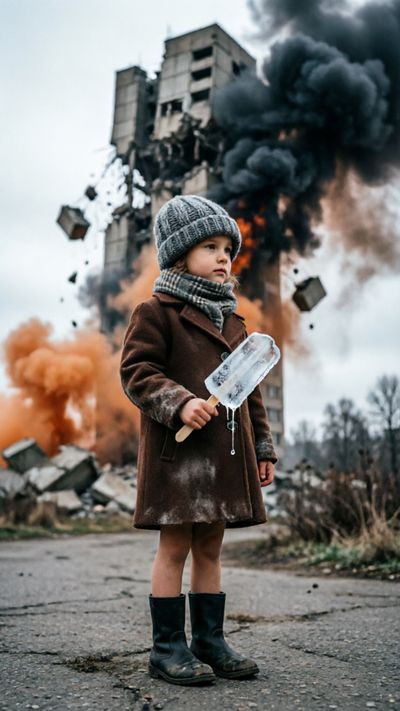 Кинематографична сюрреалистична фотореалистична сцена, бруталистка висока кула в процес на срутване на заден план, гъст…