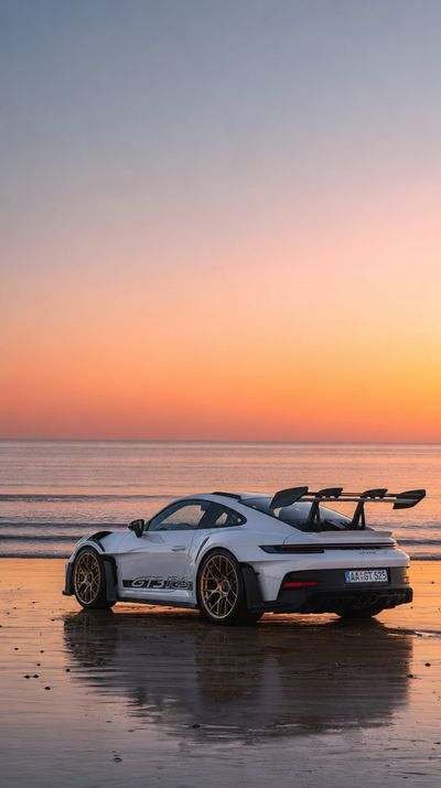 Автомобилна фотография при златен час. Бяло Porsche 911 GT3 RS с голямо задно крило, паркирано директно на пясъка на бр…