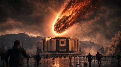 Хиперреалистичен кинематографичен disaster кадър в София, секундата преди катастрофа. Огромен пламтящ метеорит — нажеже…