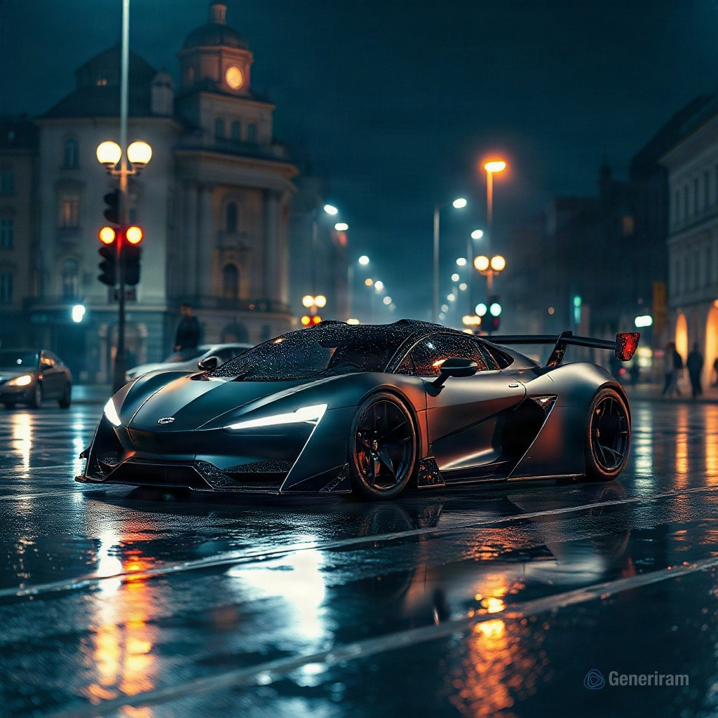 AI-generated: Futuristic matte black sports car in the middle of Sofia · AI image, направено с FLUX.1 Schnell — от kaloyanvelchev69