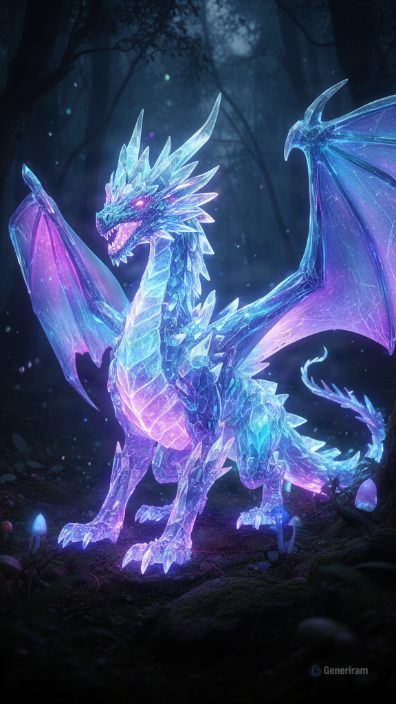 AI-generated: Ethereal crystal dragon glowing with neon blue and purple — AI image with FLUX.2 — от kaloyanvelchev69
